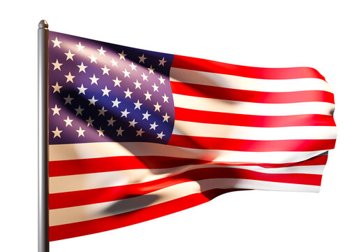 USA flag. Starry striped flag of the United States of America. Flagpole and flag isolated from background. US state symbols. Banner flutters in the wind. 3d image