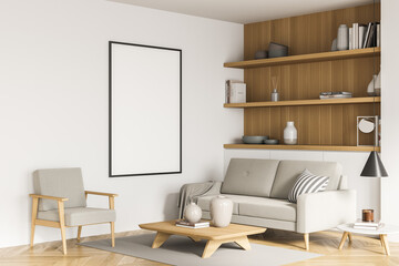 Living room poster, sofa and wooden bookshelf in light beige. Corner view