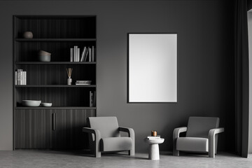 Banner, niche bookcase and armchairs in the dark grey living room