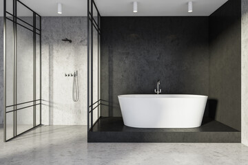 Obraz na płótnie Canvas Black stone bathroom with grey shower cabin