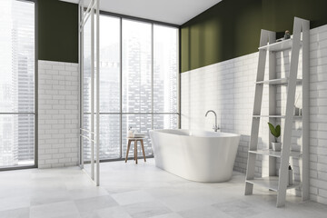 Naklejka na ściany i meble Corner of bathroom with brick walls, glass decor partition and olive detail