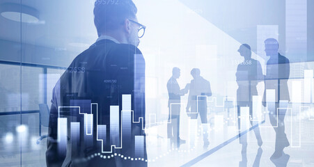 Diverse business people working together. Skyscrapers and stock market dynamics, line and bar charts, double exposure. Concept of financial advisor and international consulting. Panoramic office