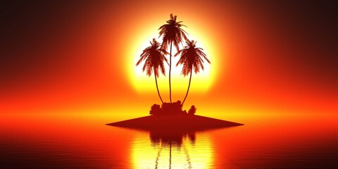 Island with palm trees in the ocean against the backdrop of the setting sun, 3D rendering