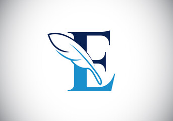 Initial E monogram alphabet with a feather. Font emblem. Law firm icon sign symbol. Modern vector Logo for a writer or publishers business and company identity