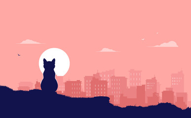 Cat sitting and watching city skyline - Calm animal on hilltop contemplating and relaxing. Cat life concept, vector illustration