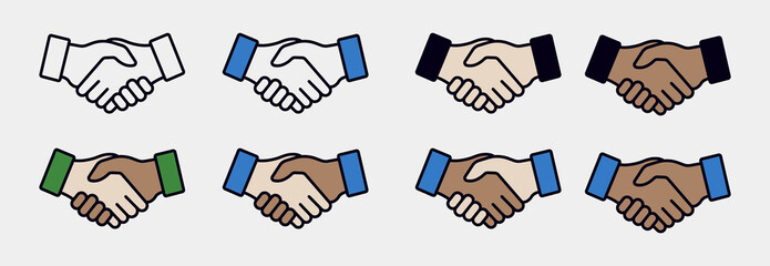 Handshake vector collection - Set with icons of shaking hands in various colours. Business agreement, deal and partnership concept. Vector illustration