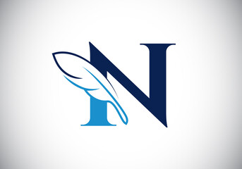Initial N monogram alphabet with a feather. Font emblem. Law firm icon sign symbol. Modern vector Logo for a writer or publishers business and company identity