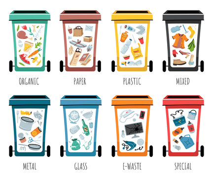 Garbage Segregation. Waste Separate, Classification And Recycling Concept. Colored Dustbin Or Trash Cans For Each Type - Organic, Metal, Paper, Plastic, Glass, E-waste And Other.