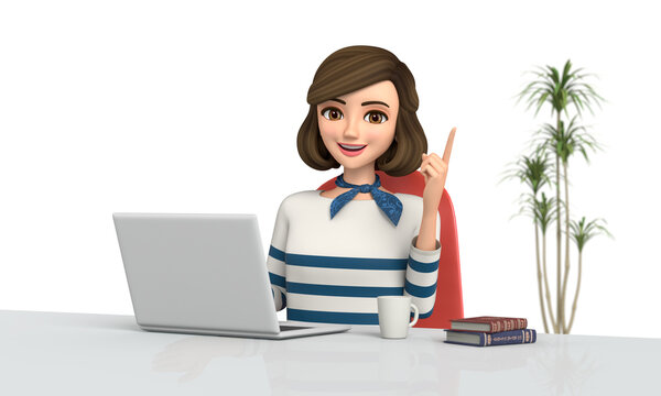 3D illustration character - A woman who works from home using a PC.