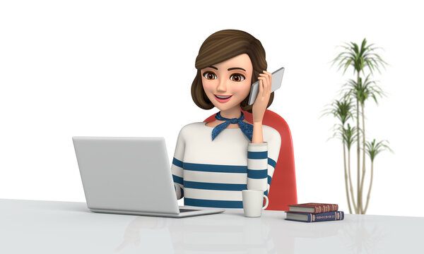 3D illustration character - A woman working at home, talking on her smart phone.