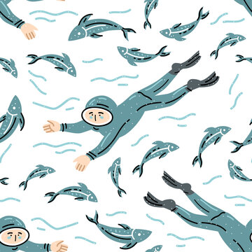 Retro seamless pattern with diver and fish. Undersea world backdrop. Vintage cartoon blue character on deep. 