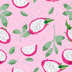 Vector summer pattern with dragon fruit (pitaya), flowers and leaves. Seamless texture design.