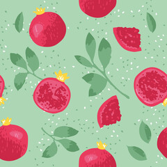 Vector summer pattern with pomegranates, flowers and leaves. Seamless texture design.