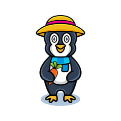 cartoon animal cute farmer penguin holding a carrot
