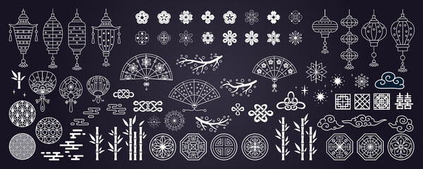 Collection of decorative elements in asian style with fan, lantern, paw prints, clouds, lanterns, flowers, tree branch, fireworks. Hand drawn vector oriental elements. - obrazy, fototapety, plakaty