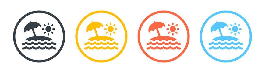 Beach umbrella with sun and sea icon isolated on white background. Vector illustration