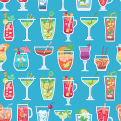 Retro alcoholic fruit cocktails seamless pattern for wallpaper design. Vintage design. Beach summer party drinks backdrop 