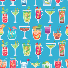 Retro alcoholic fruit cocktails seamless pattern for wallpaper design. Vintage design. Beach summer party drinks backdrop 
