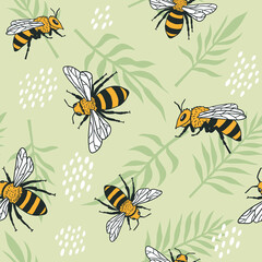 Obraz na płótnie Canvas Vector seamless pattern with bees and leaves.