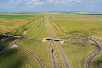 Panorama aerial view of highway road junction from the height drone