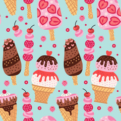 Cartoon seamless pattern with ice cream in waffle cones. Summer vector background. 