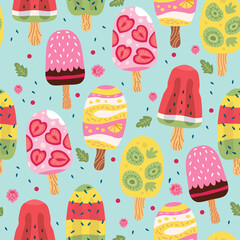 Vintage berry ice cream pattern, great design for any purposes. Seamless background. Cartoon sugar. Vector illustration design. Sweet backdrop for textile, wrapping paper, greeting cards