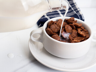Cocholate cereal with milk on a white bowl