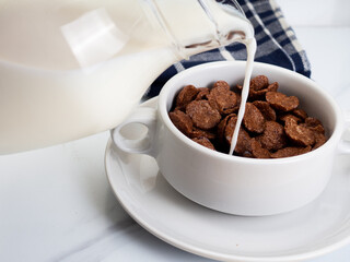 Cocholate cereal with milk on a white bowl