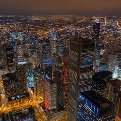 amazing drone shot of downtown financial district in chicago