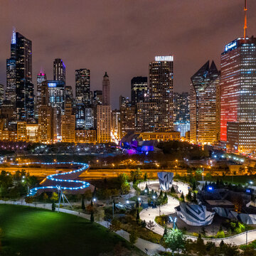 Aerial Photo Of Millennium Park In Chicago Illinois At Night