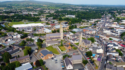  Aerial photo of St Columbas Church of Ireland Sacred Heart Church in Omagh Town Centre County Tyrone Northern Ireland