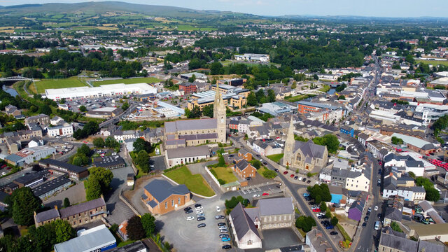  Aerial photo of St Columbas Church of Ireland Sacred Heart Church in Omagh Town Centre County Tyrone Northern Ireland