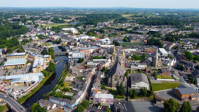  Aerial photo of St Columbas Church of Ireland Sacred Heart Church in Omagh Town Centre County Tyrone Northern Ireland