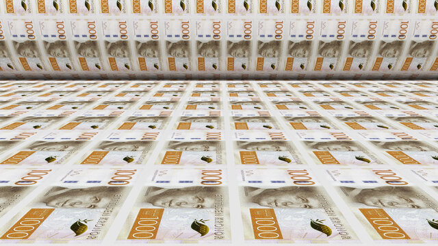 Inflation. Swedish krona banknotes or bills, SEK currency cash in Sweden. Stack of money printing machine. Paper process in central bank. Economic, finance. Laundering.Rich exchange. 3d illustration