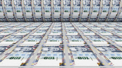 Inflation. Peruvian sol banknotes or bills, Sol currency cash in Peru. Stack of money printing machine. Paper process in central bank. Economic, finance. Laundering.Rich exchange. 3d illustration - obrazy, fototapety, plakaty