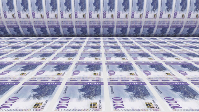 Inflation. Norwegian krone banknotes or bills, NOK currency cash in Norway. Stack of money printing machine. Paper process in central bank. Economic, finance. Laundering.Exchange. 3d illustration