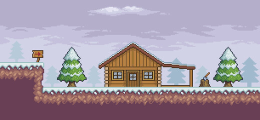 Pixel art game scene in snow pine trees, wooden house, indicative board 8bit background
