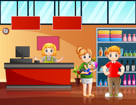 Illustration of happy family shopping in supermarket