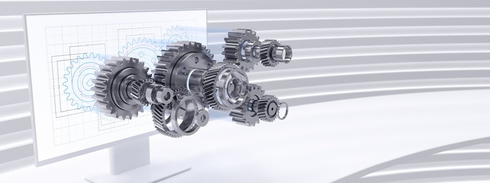 Gear mechanism digital design in office. White version.