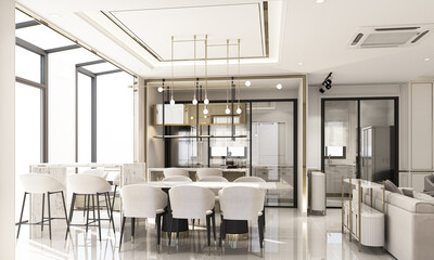interior design modern classic style of dining area and pantry with white marble and gold texture and white furniture set 3d rendering interior