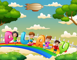 Children holding PLAY letter on the rainbow