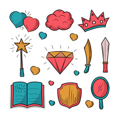 Doodle magical Icon set vector illustration, colored hand drawn sketching style