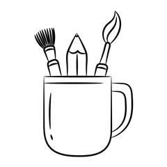 Stationery set in a glass, Ballpoint pen, pencil and brush vector illustration, with hand drawn sketching design
