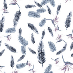 Azure Pattern Exotic. Blue Tropical Texture. White Floral Leaves. Cobalt Flora Palm. Navy Decoration Vintage. Indigo Wallpaper Background. Gray Spring Botanical.