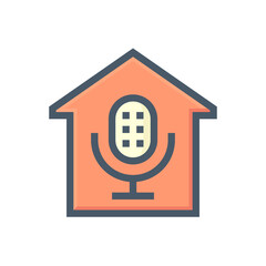 Smart home and voice assistant or voice recognition vector icon. Consist of microphone, home or house building. Technology to control system, security, energy i.e. electricity, thermostat. 48x48 pixel