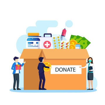 Cardboard box full of drugs. Different pills bottles, healthcare, pharmacy. Medical drug vitamin, antibiotic. Donate, charity. Flat vector template Style Suitable for Web Landing Page.