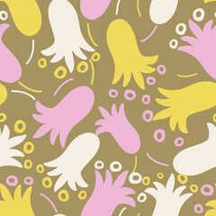 Gold with pink and yellow bulb flowers seamless pattern background design.