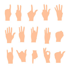 Set of hands showing different gestures isolated on a white background. Vector flat illustration of female and male hands . Isolated flat vector illustration