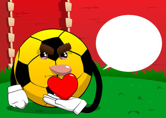 Soccer ball holding red heart in his hand. Traditional football ball as a cartoon character with face.