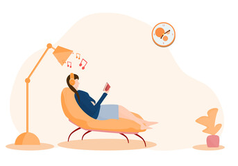 Concept relax, stay home, enjoy. woman lying on the sofa reading a book in the living room, relaxing at home. Vector flat style. Illustration for content reading books, happiness, quarantine, holidays